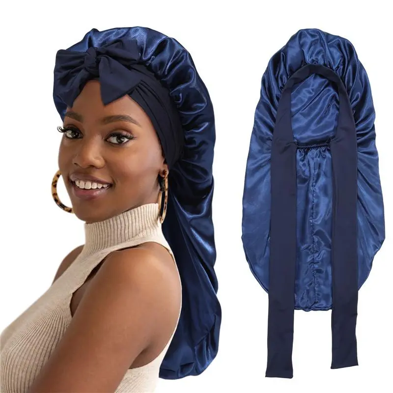 Women's Navy Blue 1pc Large Satin Bonnet Hat for Haircare, Double-Layer Elastic Sleep Cap with Adjustable Tie for Braids & Curly Hair, Daily Use Fashion Accessory, Hats