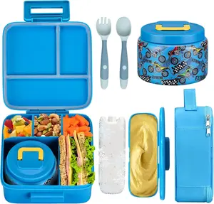 Bento Lunch Box for  With 8oz Soup thermo,Leak-proof Lunch Containers with 5 Compartment,thermo  Jar and Lunch Bag,  Containers for School (A-Blue( Locomotive))