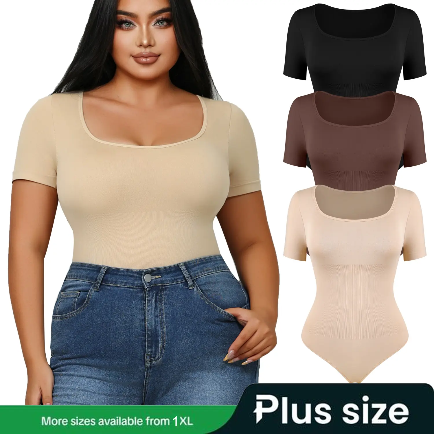 【Plus Size】Women's Plus Size Shapewear Bodysuit, Soft Short Sleeve Square Neck Top, Seamless Tummy Control Thong Body Shaper for Body Sculpting, Shapewear Body Sculpting
