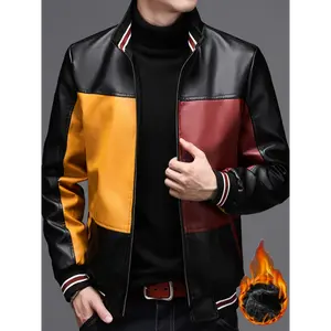 Men's Polyester Faux Leather Jackets - Thick Fleece-Lined Fabric, Small Stand-Up Collar, Zipper-Closure Regular Casual Motorcycle Tops for Autumn Winter Mature Stylish Warm Outerwear