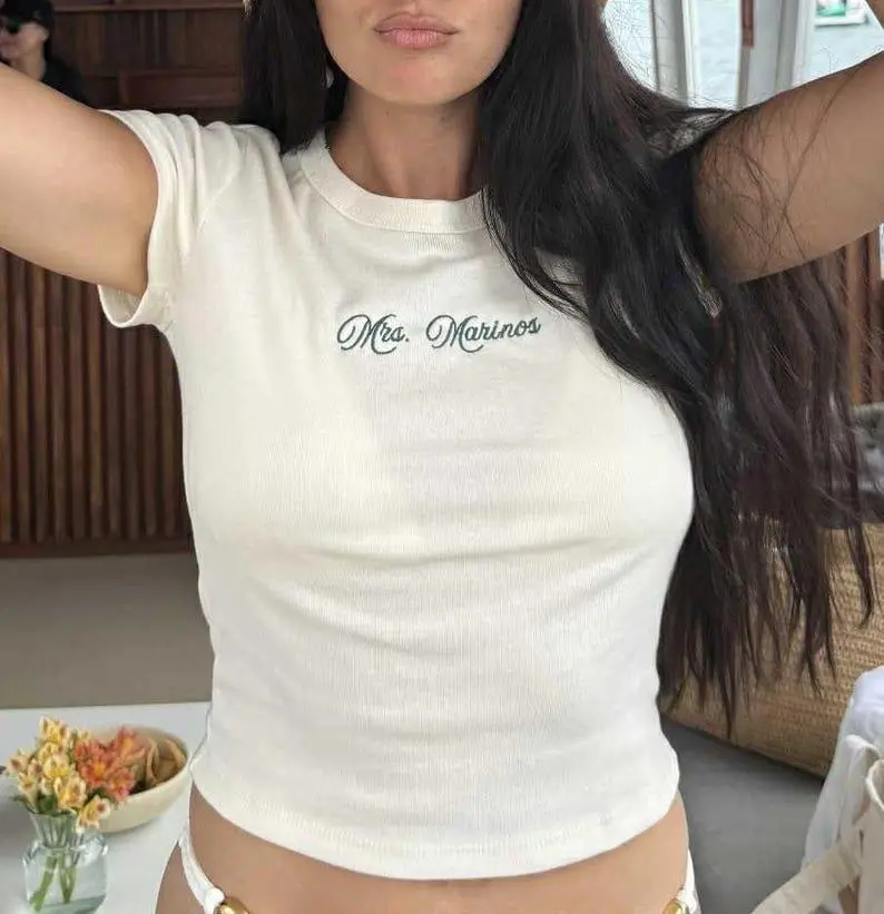 Women's Embroidered Personalized Baby Tee, Custom Name Graphic Shirt, Y2K Fitted Everyday Casual Top