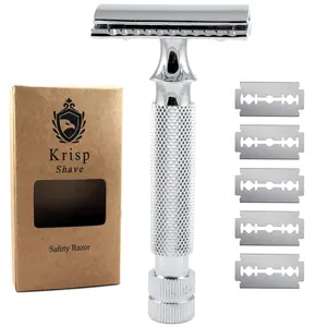 Stainless Steel (3.5") Long Handled Safety Razor for Men Women - Double Edge Shaving Razor - Fits All Double Edge Razor Blades - Comes With 5 Shave Blades Provides Bump Free Smooth Shaving Durable Shaver Comfort Traditional Pack