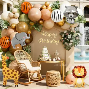 134pcs Tropical Jungle Animal Birthday Party Balloon Decor Set, Giraffe Lion Elephant Balloons, Zebra Pattern Latex Balloons, Outdoor Events