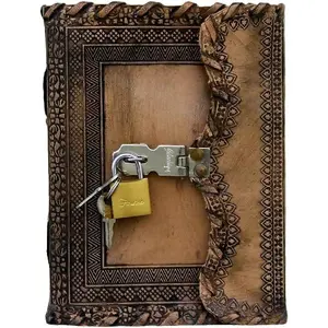 Antique Handmade  Bound Journal with Old Fashioned Lock & Key  Grimoire Book of Shadows Journal   Blank Journal 7x5 Inch (lock n key)