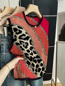 Women's Casual Loose-Fitting Round Neck Sleeveless Knit Top, Colorblock Leopard Print, Fall & Winter Fashion, Outerwear