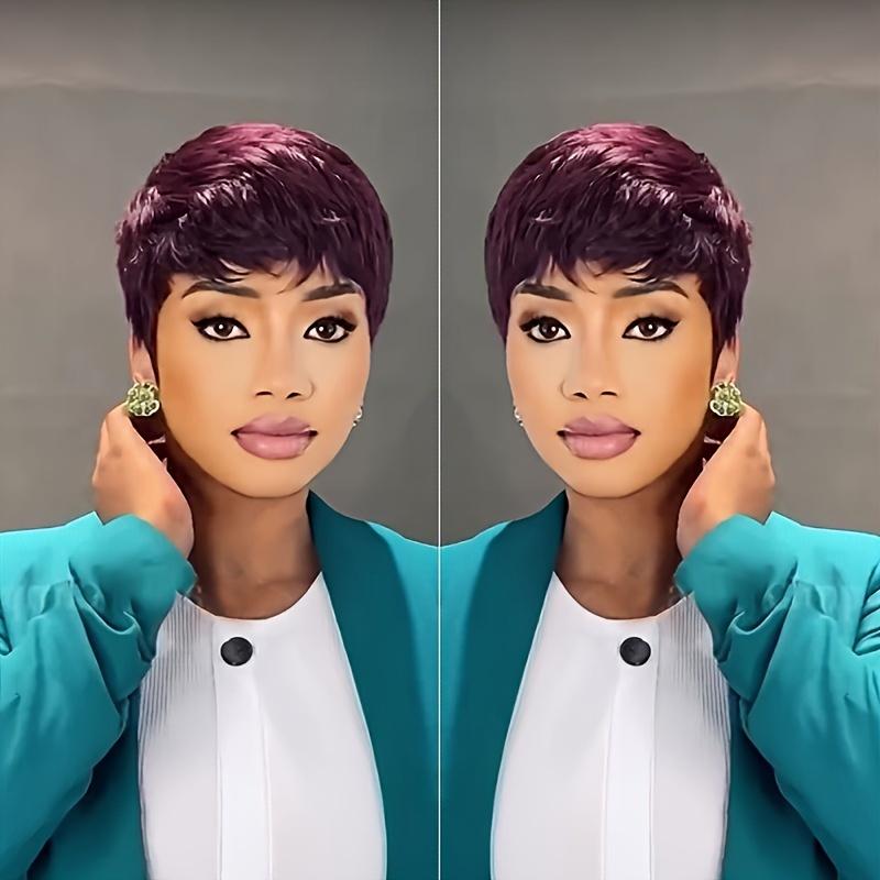 Chic 6-Inch Pixie Cut Wig with Bangs in Vibrant Red 99J Burgundy - 180% Density Brazilian Remy Human Hair, Perfect for Halloween & Cosplay, Layered Wigs, Comic Exhibitions