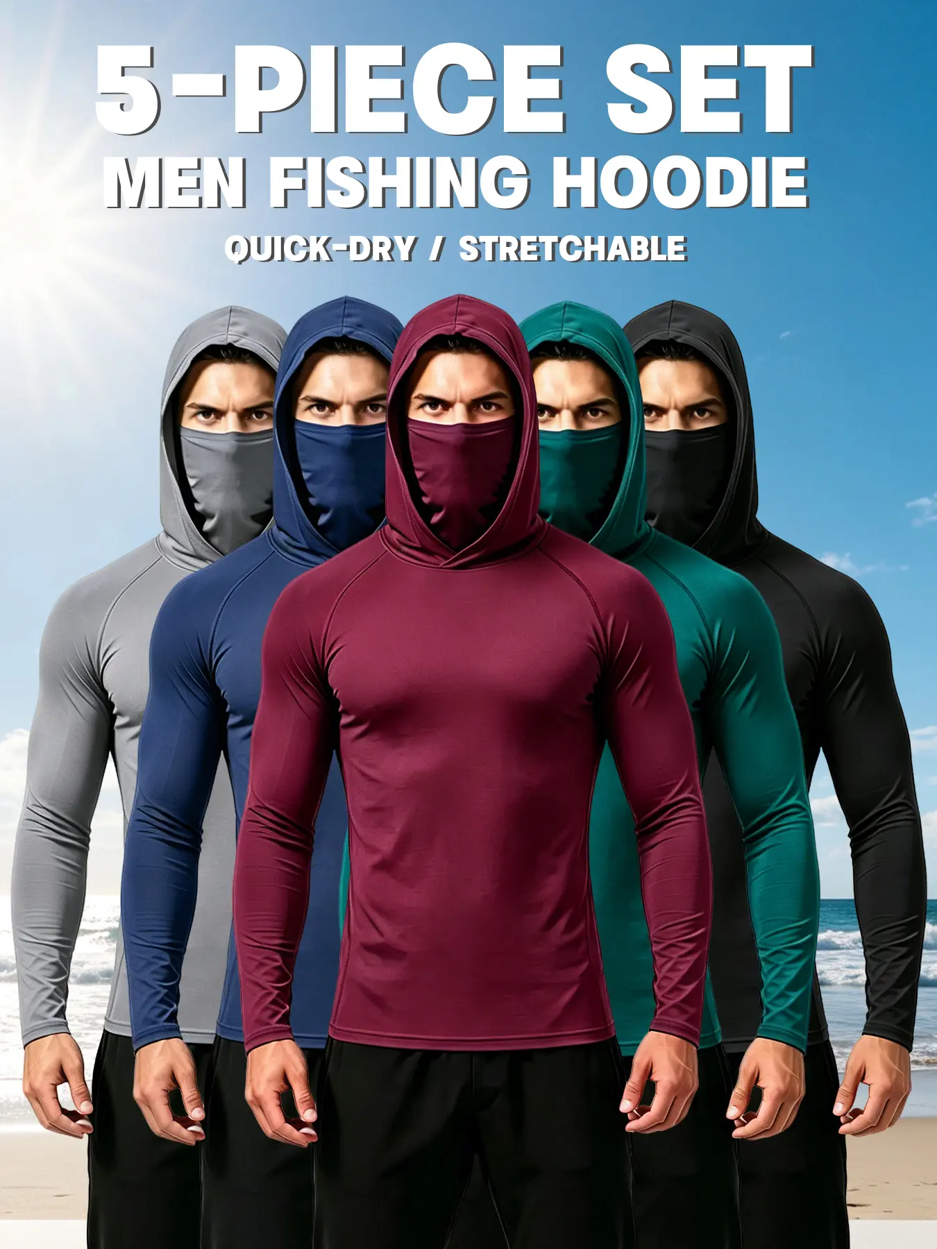 Men's 5-Piece Plain Polyester Casual Hoodie Pullovers with Built-in Mask, Compression Slim Fit Long Sleeve, Lightweight UPF Sun Protection, Soft Breathable, All Seasons, Machine Washable for Fishing, Stylish Menswear Tops (Blue, Black, Gray), Polyester Cl