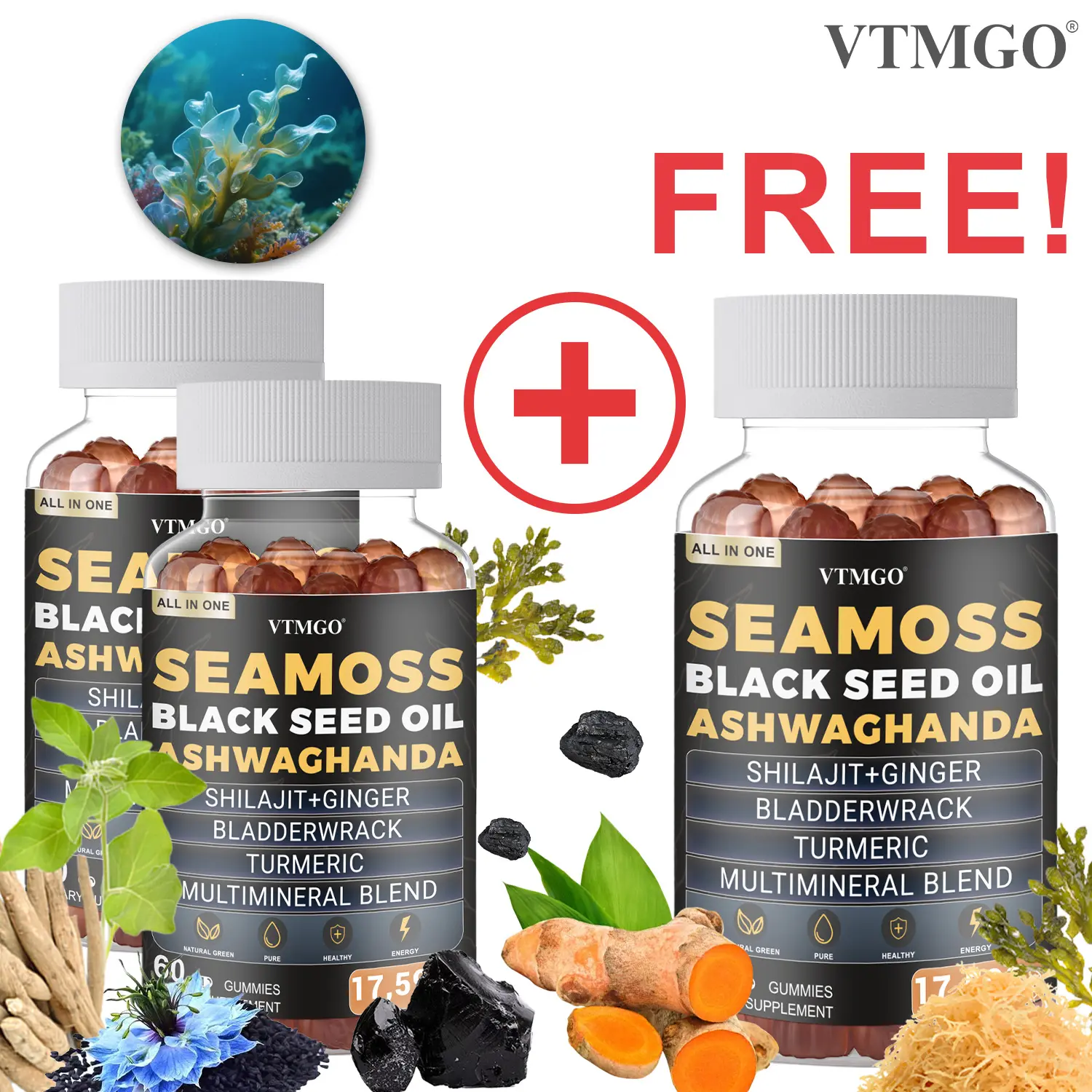 Buy 2 Get 1 Free - Sea Moss, Black Seed Oil, Ayurveda, Ginger, Elderberry, Chlorophyll, Turmeric, Bladder Lichen 17590 mg, 60 capsules per bottle