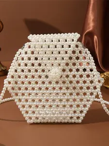 Handmade Woven Artificial Pearl Hexagonal Women's Wrist Bag, Evening Cosmetic Pouch, Key Holder, Handbag with Shoulder Strap