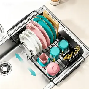 Adjustable Over Sink Dish Drying Rack - Rustproof Dish Drainer for Kitchen Counter, Expandable Dish Rack with Utensil Holder, Fit Kitchen Sink for 13-18 Inch - Space-Saving Dish Strainer, No Glue Needed