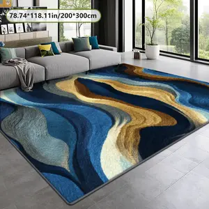 Velvet Soft Comfort Blue Gold Vintage Wave Pattern Print Decorative Rug, Home Decor Carpet, Living Room Large Mat, Sofa Pad, Bedroom Bedside Rug
