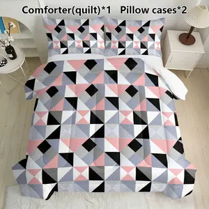 Geometric Plaid Quilt Set (1 Quilt + 2 Pillowcases), U-Shaped Stitching, 200gsm Filling, Breathable Soft Cotton, All-Season Use