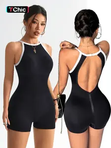 Women's Colorblock Sporty Jumpsuit, Slim-Fitting Above the Knee Shorts, Backless Fitness Wear, Casual Outdoor Activity, Backless Sports Jumpsuit