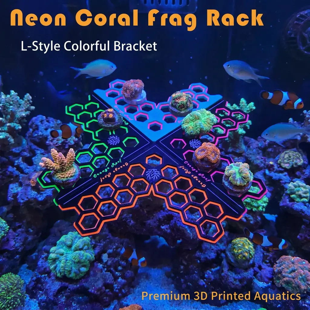 3D Printed Fluorescent Glow Coral Frag Rack - Heavy-Duty N52 Neodymium Magnets, 23.5mm Rhombus, Blue LED Lighting, Aquarium-Grade Material, Custom Combinable L-Style Bracket, Secure Mounting, Water Safe, Hex Slots for Saltwater Aquarium Marine Hobbyists
