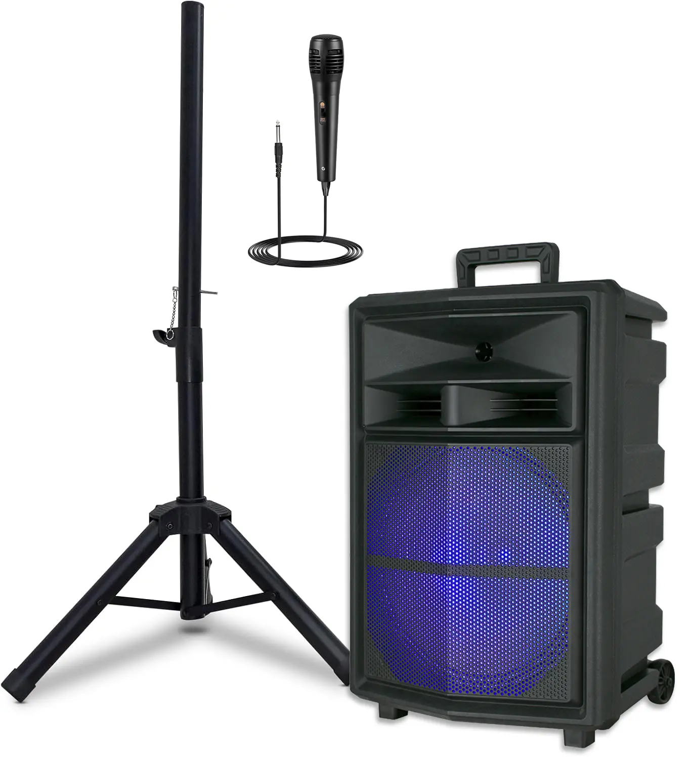 Dazone 15" Portable Bluetooth Party Boombox Speaker with LED Lights, Speaker Stand, Wired Microphone, Rechargeable Battery, Audio Playback, Wireless Connectivity, USB Port, Remote Control & Charging Function