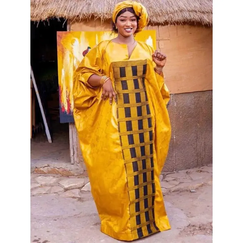 Modest Plus Size Women's African Bazin Embroidery Dashiki Gown - Long Sleeve, Plaid, High-Quality, Hip-Flattering Islamic Wedding Evening Dress for 2026 Summer Vibes