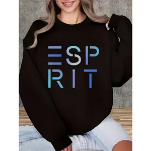 Women'S Elegant "SPRIT" Print Crew Neck Sweatshirt - Gray Casual Long Sleeve Pullover, Machine Washable All-Season Comfort, Fun Text Design, Ribbed Cuffs, Everyday Comfort Wear |   Trendy Casual Wear |   Machine Washable Fabric