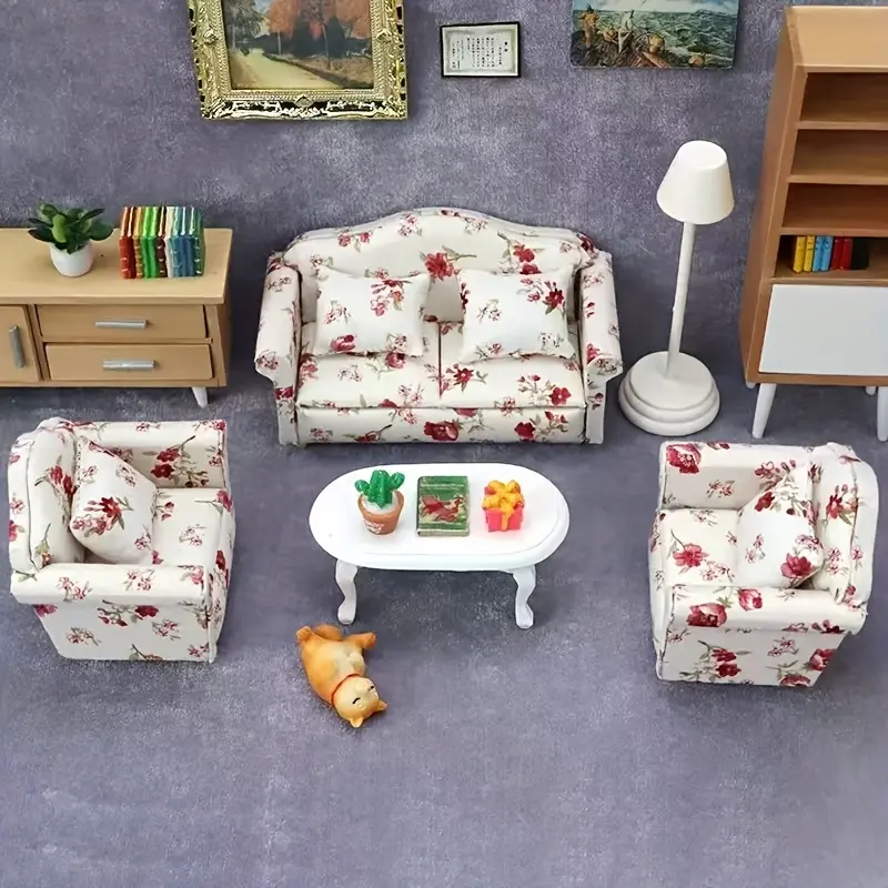 3Pcs 1:12 Dollhouse Mini Furniture Pink Floral Sofa with Cushions Fine Craftsmanship Wood Structure Perfect for Living Room Setup Christmas Easter New Year Gift Miniature Furniture