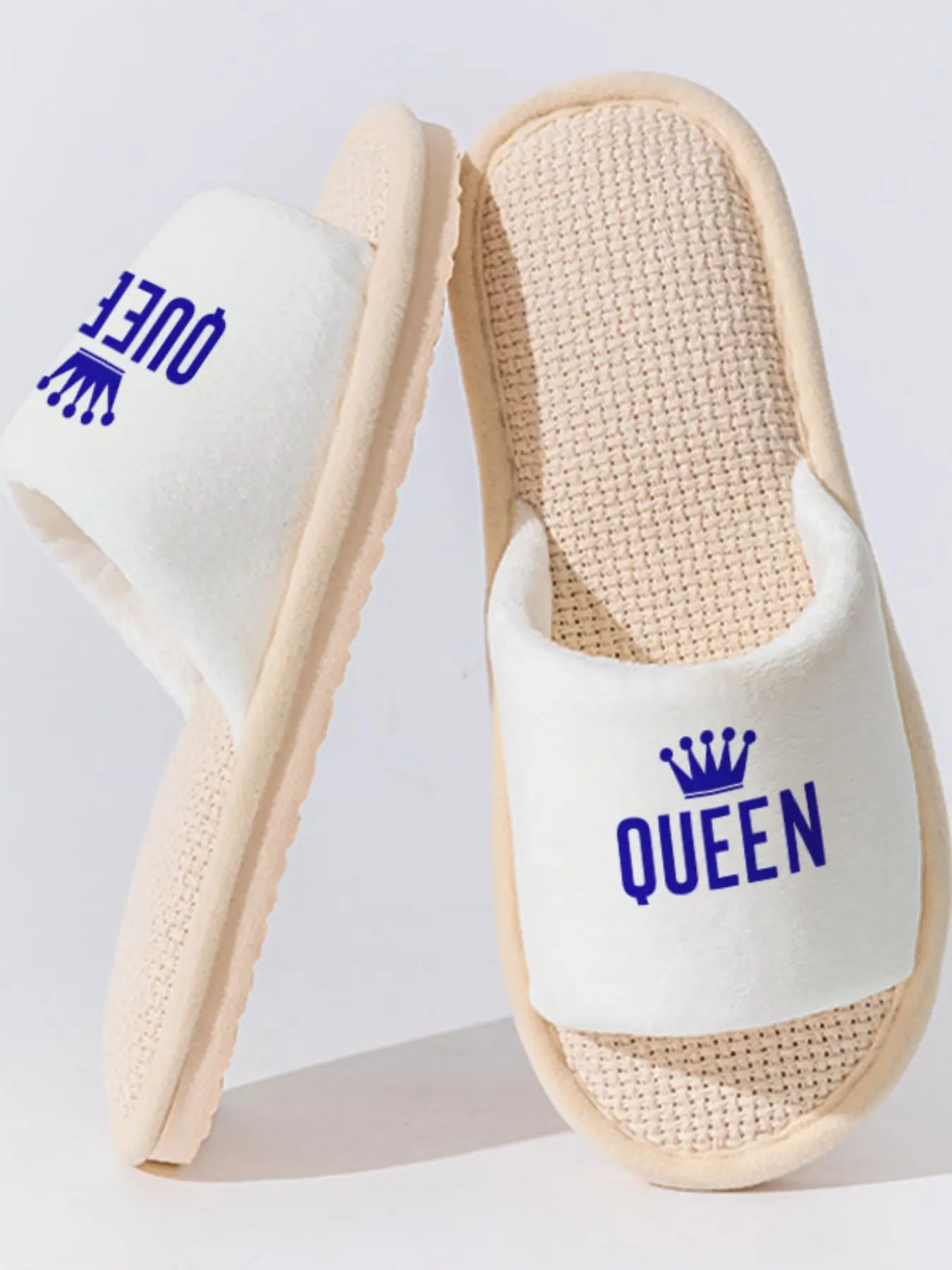 Queen Crown Linen Slippers, Luxurious Queen Style, Breathable Non-Slip Sole, Bedroom Living Room Daily Wear, Casual Geometric Design