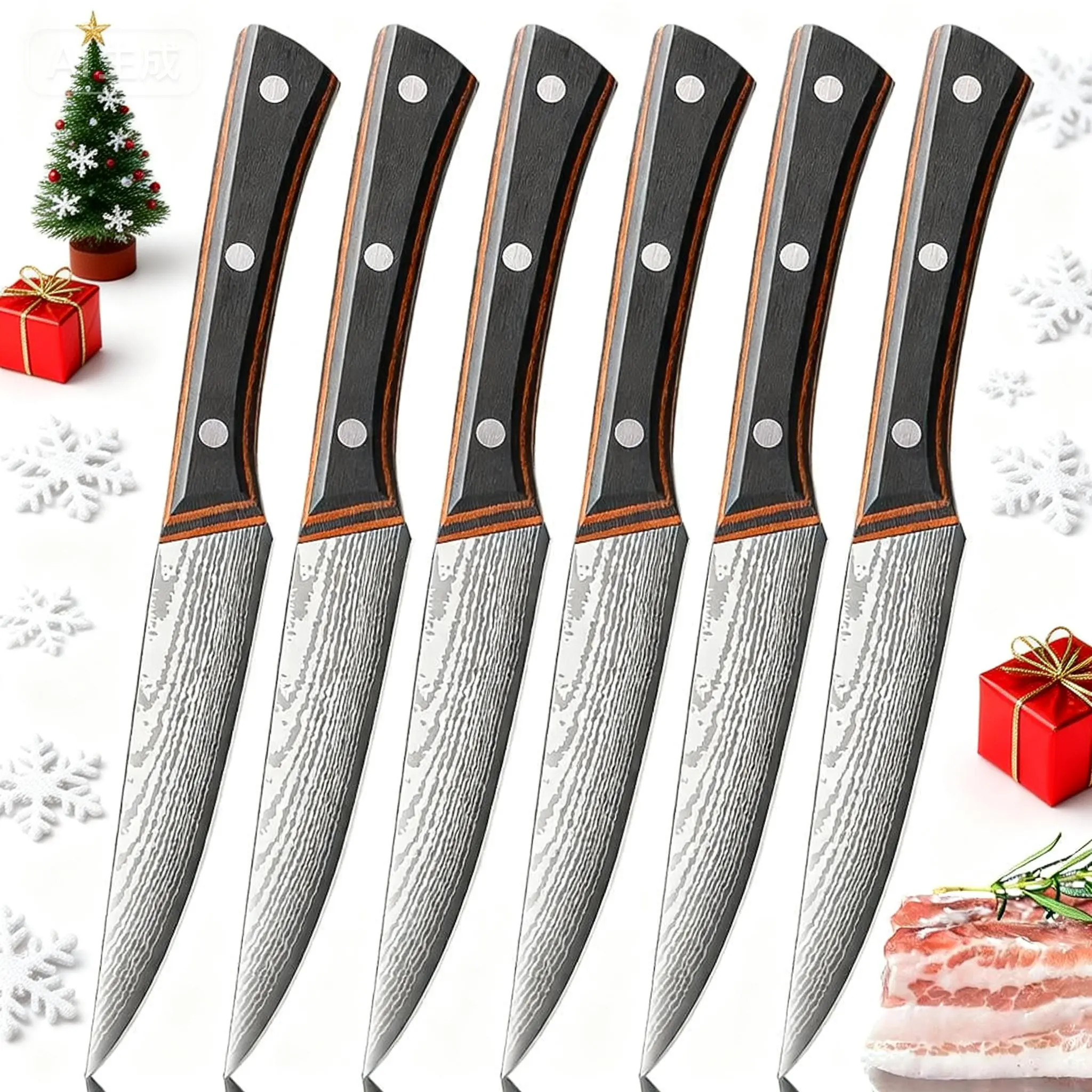 6pc wooden handled steak knife , used for precise cutting, lightweight steak knife set, made of stainless steel mate，Christmas giftsrial, durable, serrated steak knife, corrosion-resistant and easy to maintain Utensils Kitchen， Kitchenware