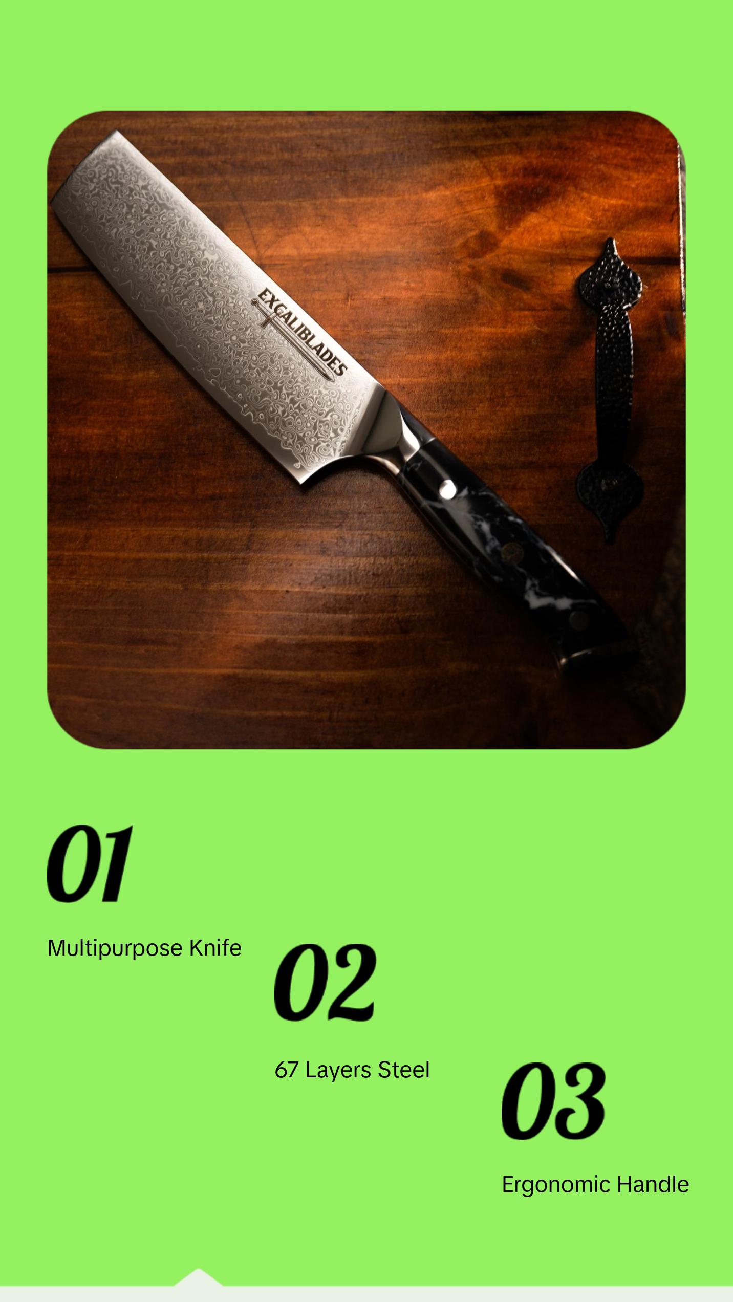 EXCALIBLADES Nakiri Knife - Stainless Steel Damascus Knife with Full Tang Handle & Black Turquoise Handle, Sharp for Meat and Vegetable Use