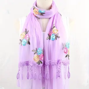 Elegant Floral Embroidered Scarf with Lace Tassels - Lightweight Double-Layer Gauze Shawl, Windproof & Decorative for Spring/Summer - Machine Washable