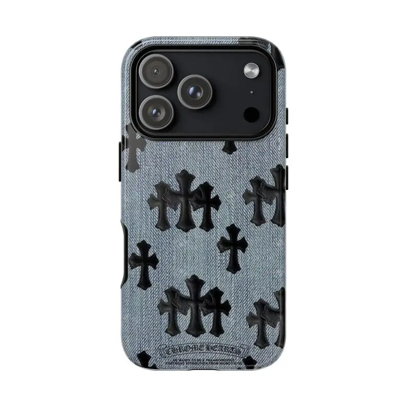 Denim Chrome Heart Crosses Phone Cases for iPhone 18 17 16 15 14 13 12 11 Series, Gothic Cross Phone Case, Trendy Phone Case, Shockproof Protection, Gift for Her