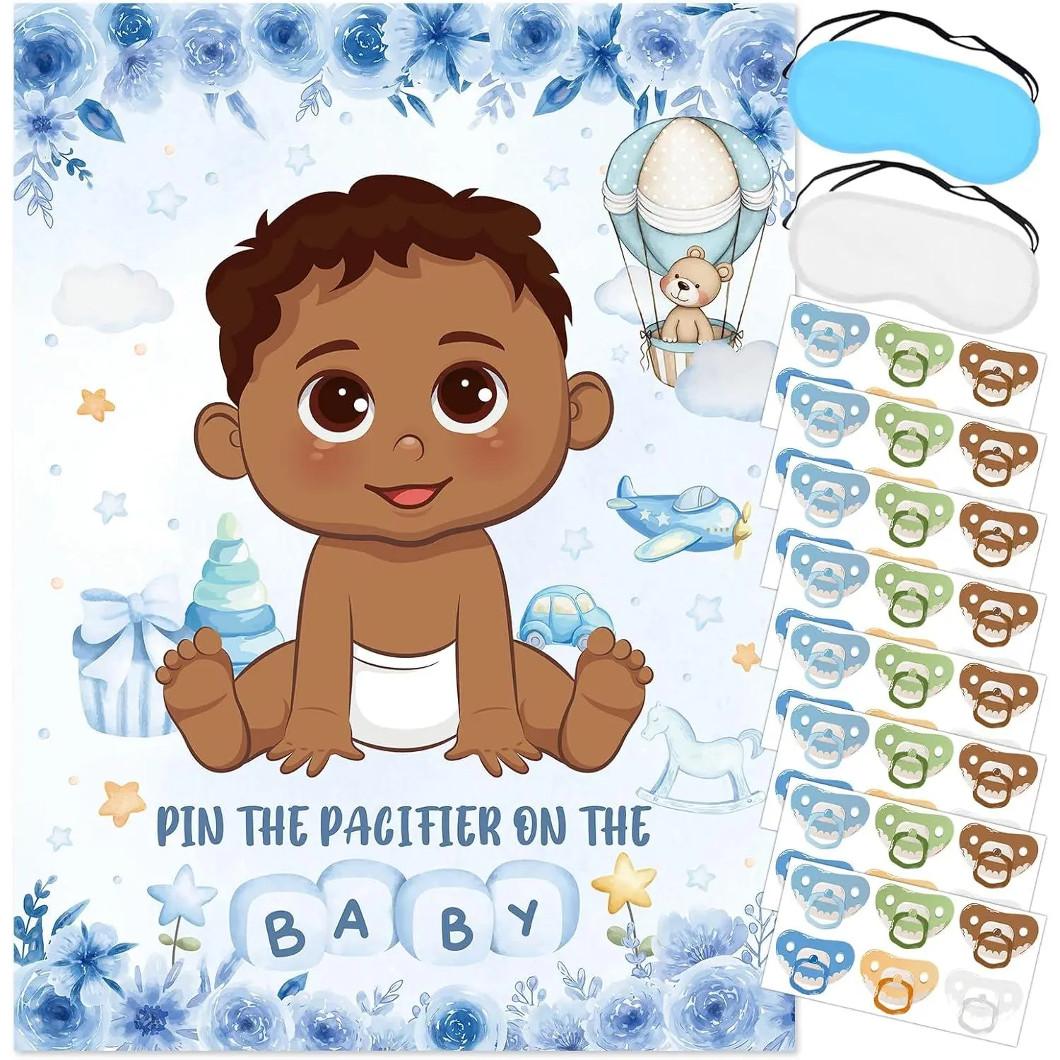 Pin The Pacifier  The  , Blue  Shower Party Decoration Include Large Poster with Blindfold 48 Pacifier Stickers  for Blue  Birthday Party Supplies(Brown)