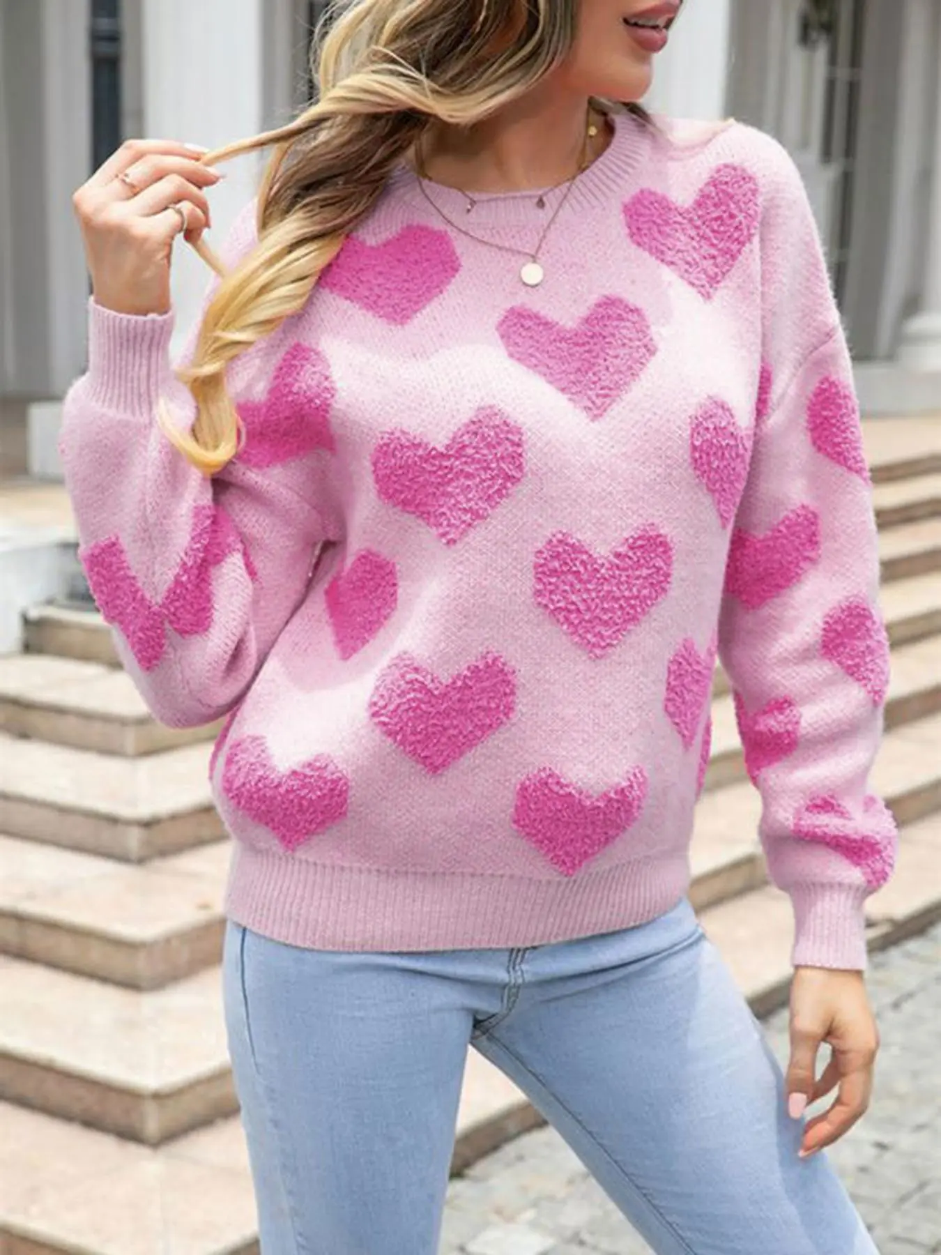 Women's Heart Print Drop Shoulder Sweater Pullover, Casual Long Sleeve Round Neck Jumper for Fall & Winter, Fashion Ladies' Knitwear for Daily Wear