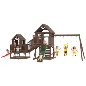 #Summervibes ALBOTT 3 Different Size Wooden Swing Set for Kids, Large Outdoor Wood Playhouse with Towers, Wave Slides, Swings, Climbing Wall & Ladder, Backyard Playground for Ages 3–8, Mothersdaygift