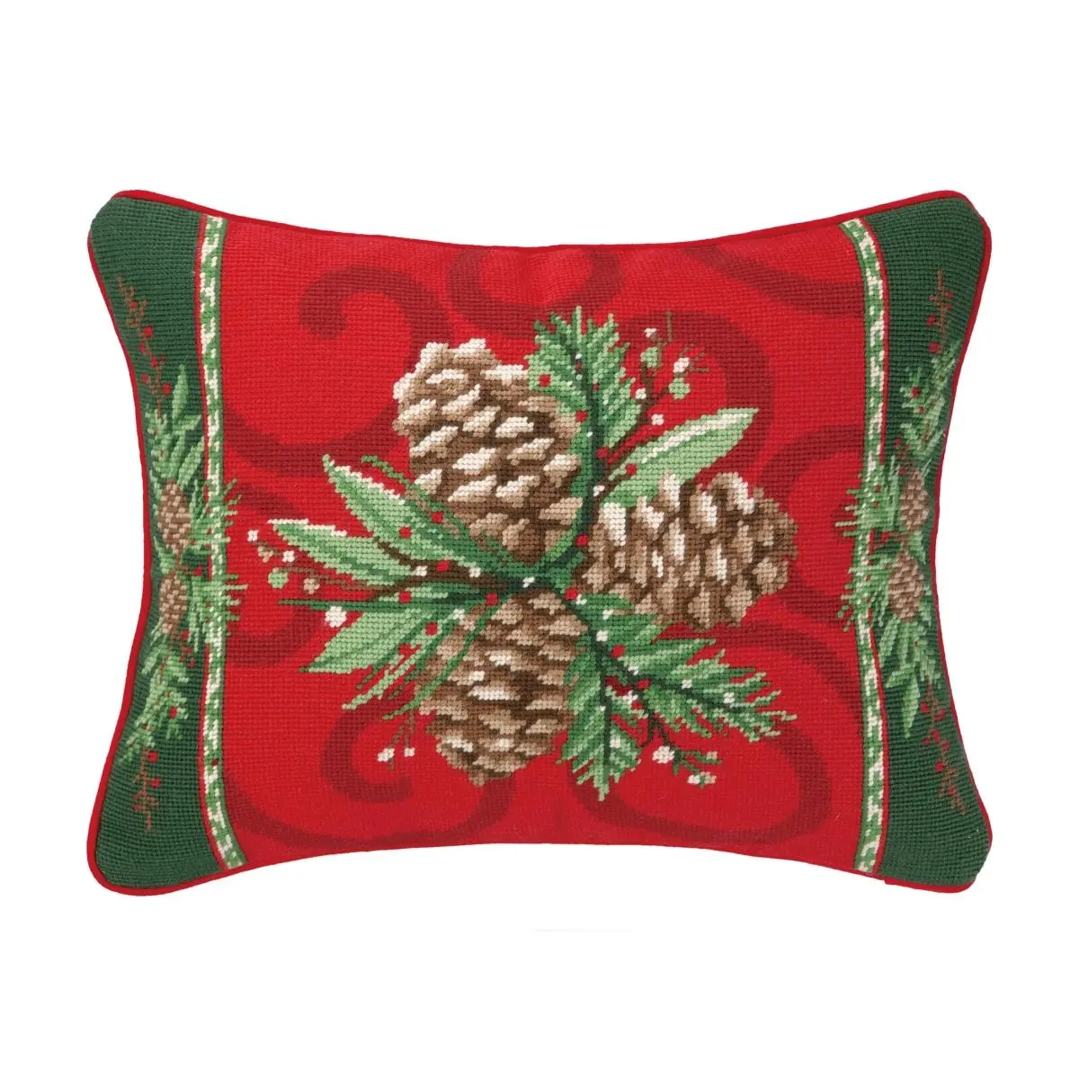 Peking Handicraft 14"x18" Elegant Wool & Cotton Christmas Bayberry Pine Needlepoint Pillow - Red, Poly-Filled, Fancy Prints, Ideal for Wall Decor