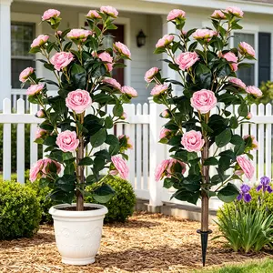 2-Pack Artificial Camellia Trees, 3ft Pink Faux Flower Plant with Detachable Ground Stakes, UV-Resistant Fake Shrub for Patio, Garden, Walkway, and Indoor Home Decor