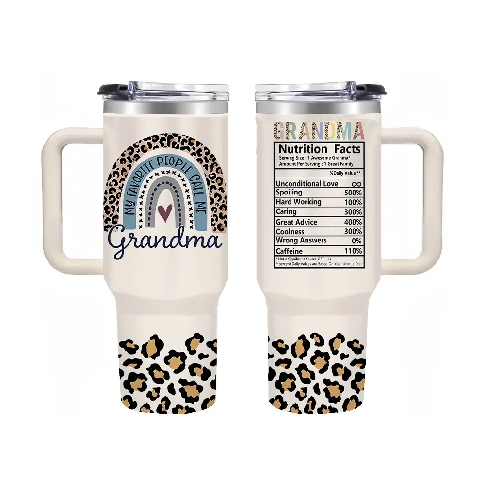 40oz (1,000-2,000 ml) Modern Leak-Proof Insulated Stainless Steel Grandma Tumbler with Handle & Straw, Vacuum Flask Coffee Mug with Mixed Color Leopard Rainbow-Nutrition Facts Design, Gifts for Grandma (Mother's Day, Birthday), 7-12 Hours