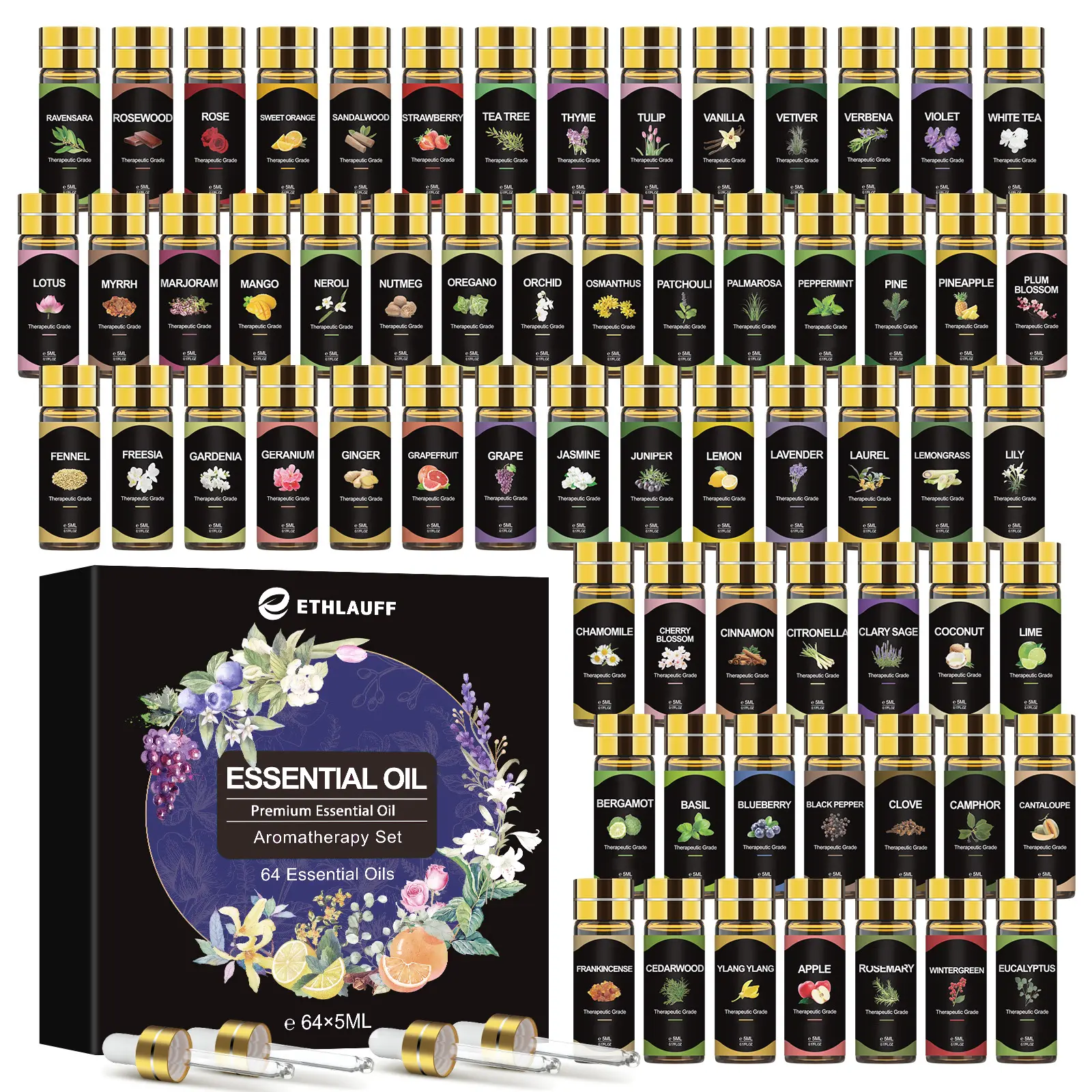 64 Scents Essential Oil Set - 0.2 Fl.oz - Pure Essential Oils, Perfect for Diffuser, Massage, Soap, Candle, Bath Bombs Making, Skin & Hair Care, Aromatherapy, Therapeutic & Long Lasting Scent, Birthday Gift