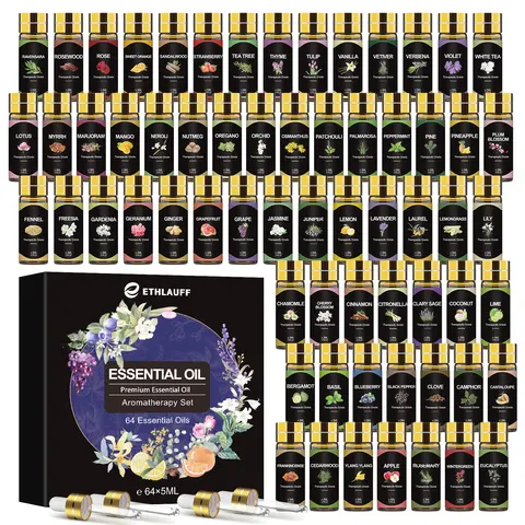 64-Pcs All Natural Scented Pure Essential Oil Set - 0.2 Fl.oz Light-Protective Brown Bottles, Therapeutic Health and Wellness for Diffuse, Massage, Care at Home, Prop 65 Safe, Gift Box