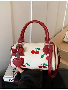 Fresh Cherry Pattern Boston Bag, Canvas Pillow Bag, Crossbody Handbag Shoulder Bag, Girl Commuter Bag, Gift for Family Friends