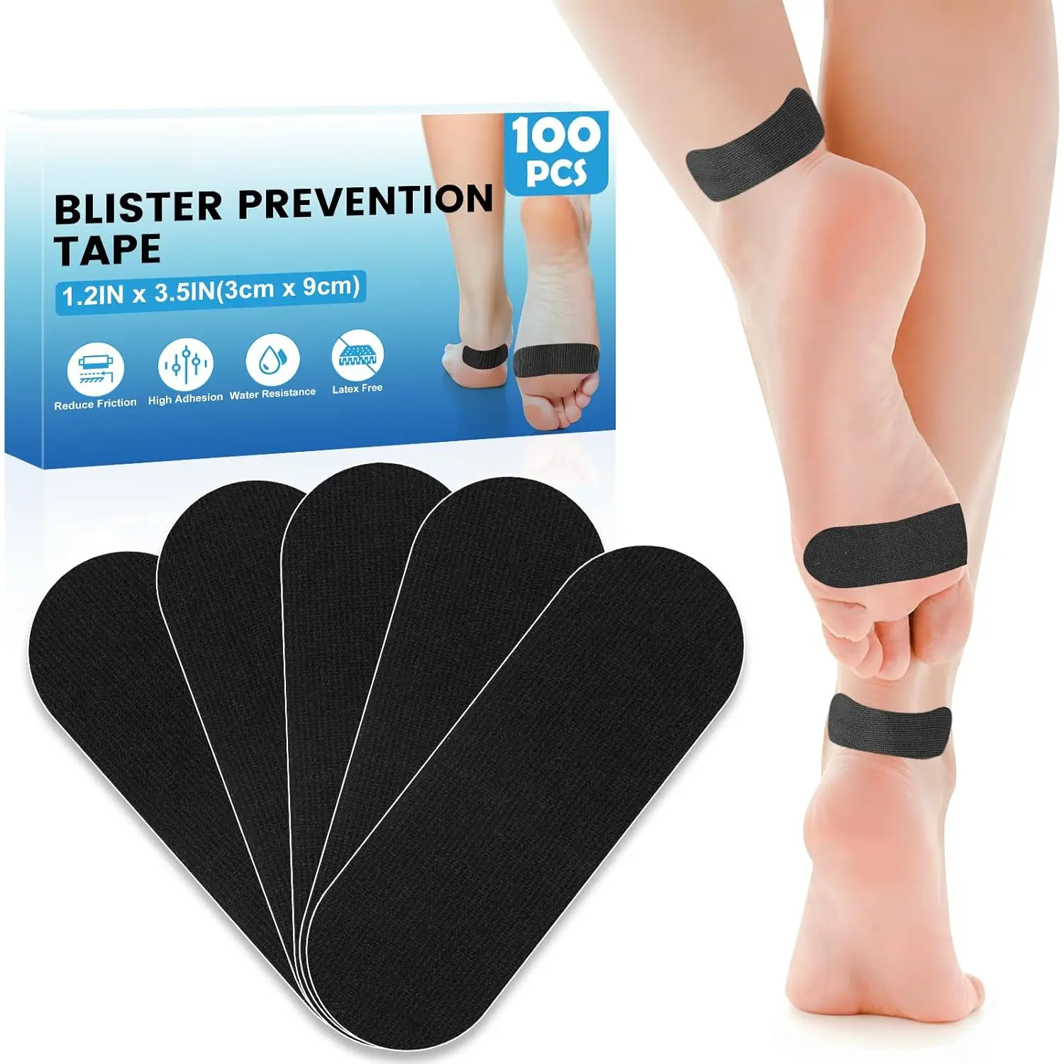 100 count Blister Prevention Tape, 1.2in x 3.5in Blister Tape, Precut Blister Bandages for Toes, Heels, Foot Surfaces, Fingers - Black
