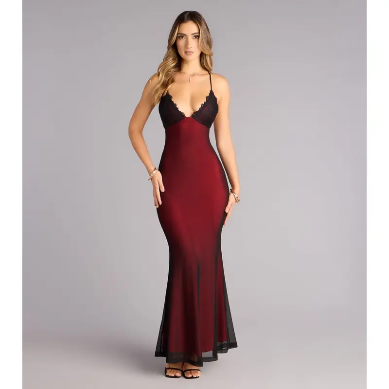 All Eyes Lace Trim Mermaid Maxi Dress