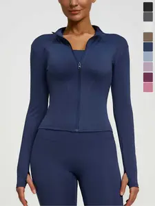 Women's All Season Full Zip Long Sleeve Stand Collar Sun Protection Windproof Sports Outerwear Jacket, Slim Fit Thumb Hole Running Yoga Top S-3xl