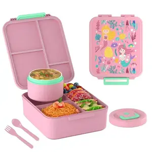 Mermaid Design Bento Lunch Box for Kids, 4 Compartment Insulated Hot Food Jar with 8oz Soup Thermo, Leak-Proof & BPA-Free,Mermaid Design