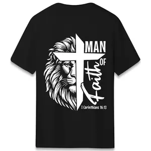 Man of Faith I Corinthians 16:13 Graphic T-Shirt, Lion & Cross Print Crew Neck Tee, Faith-Based Casual Top