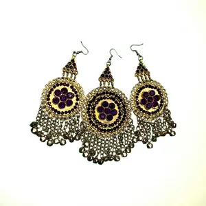 Earrings Matika  for Women Tribal Kuchi Tikka & Earrings Set Handmade Purpule Enamel Bridal Matika with Earrings Vintage Afghan Wedding Jewelry Best Gift for Wife Girlfriend