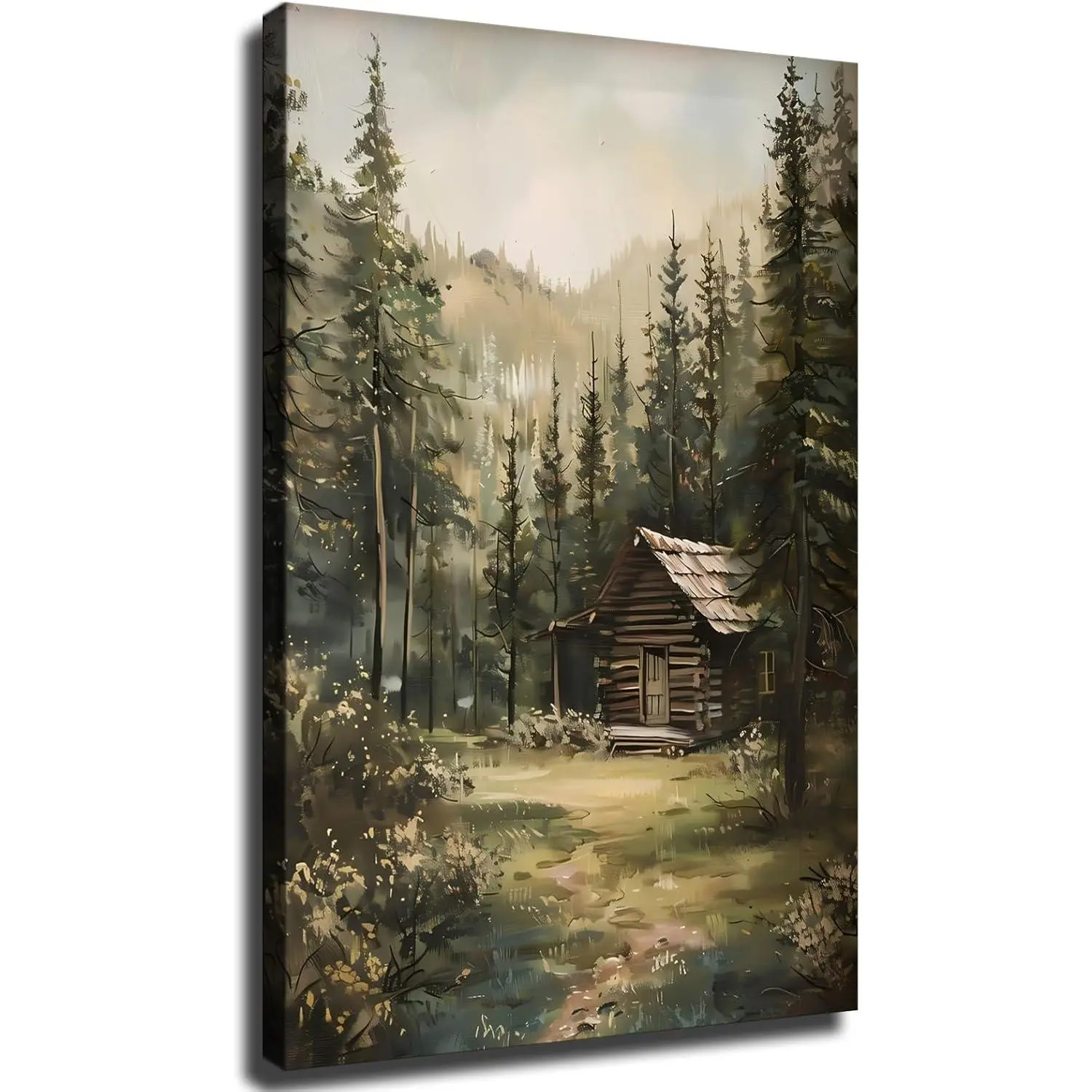 Rustic Log Cabin Wall Art, Pine Tree Forest Wall Art, Cabin in the Woods Wall Decor, Woodland Evergreen Forest Framed Poster Ready to Hang (Framed,24*36-inch)