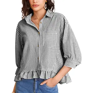 Women's 3/4 Sleeve Striped Button-Down Shirt Cropped Ruffle Hem Casual Collared Drop-Shoulder Cotton Blouse Summer Top