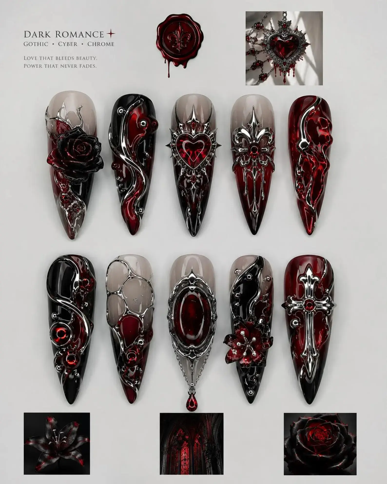 VibeCrush Nails  - Dark Romance Gothic Press On Nails, Red Black Chrome Stiletto Nails, Vampire Heart Cyber Gothic Nails, Luxury 3D Gothic Nail Set