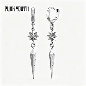 925 sterling silver post/STARBLADE RADIANCE EARRINGS/Gothic Star Spike Drop Earrings /Silver Edgy Statement Huggie Hoops/ Daily outfit combinations / Gothic style styling / Punk street style / Dark-themed OOTD/Earrings, ear studs, ear accessories/unisex