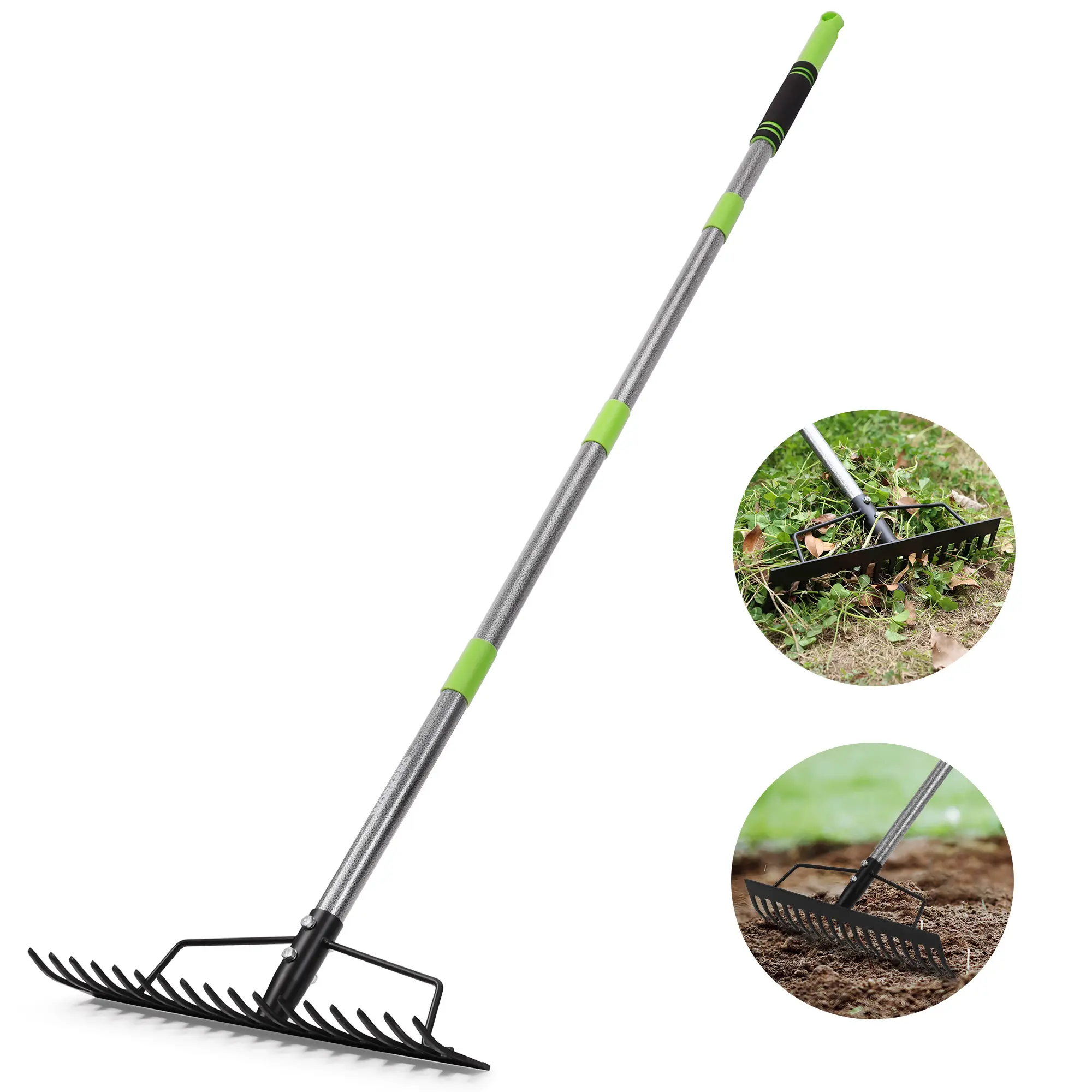 WORKPRO 65 Inch Bow Rake, 17 Tines Metal Head Rakes with High Strength Handle, Heavy Duty Garden Rake with Adjustable Handle for for Loosening Soil, Gathering Leaf, Leveling Lawn, Farming Land
