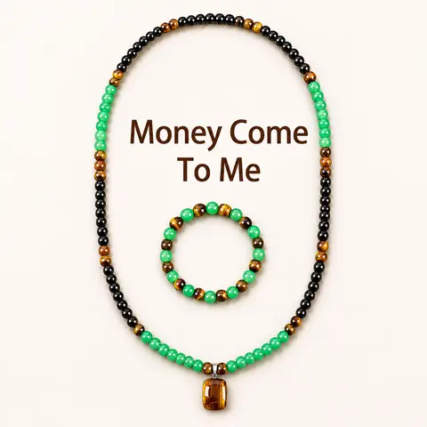 Unisex Natural Crystal Beads Jewelry Set - Beaded Tiger Eye Money Bracelet, Green Stone Adjustable Bracelet (15-20cm,20g), 69cm/27.1in Long Pendant Necklace, Feng Shui Healing, Everyday Wear, Gift-Ready for Birthdays, Anniversary, Necklaces for Women