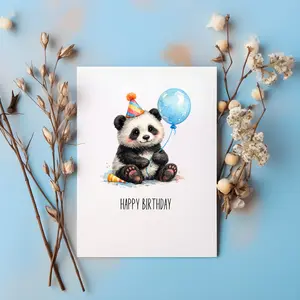 Cute Panda Birthday Card, Watercolor Panda with Balloon Party Hat, Happy Birthday Card, A6 Handmade Greeting Card