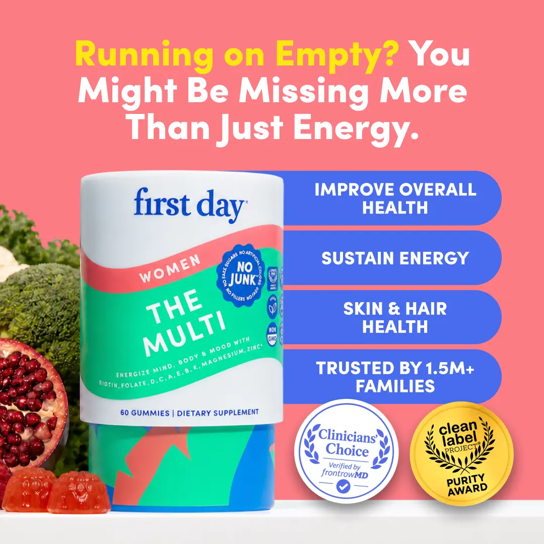 First Day Women's Multivitamin Gummies 18+, Natural Orange Flavor — 21 Organic Superfoods, 13 Key Nutrients, Vitamin C D3 B12 Magnesium Biotin — Immunity, Energy, Skin & Hair Health, Fight Fatigue — 30-Day Supply, Vegan, Non-GMO, No Junk